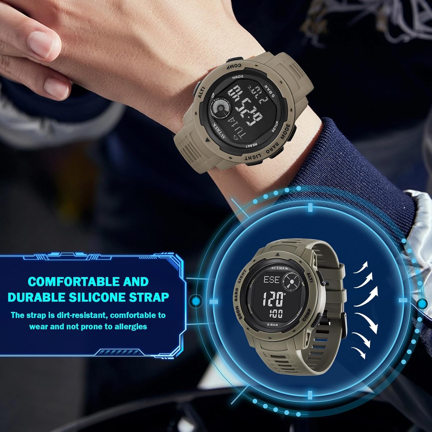 Tactical Watch with Compass,50M Waterproof Digital Pedometer Watch, Altimeter Watch for Outdoor Hiking/Climbing(Cafe)