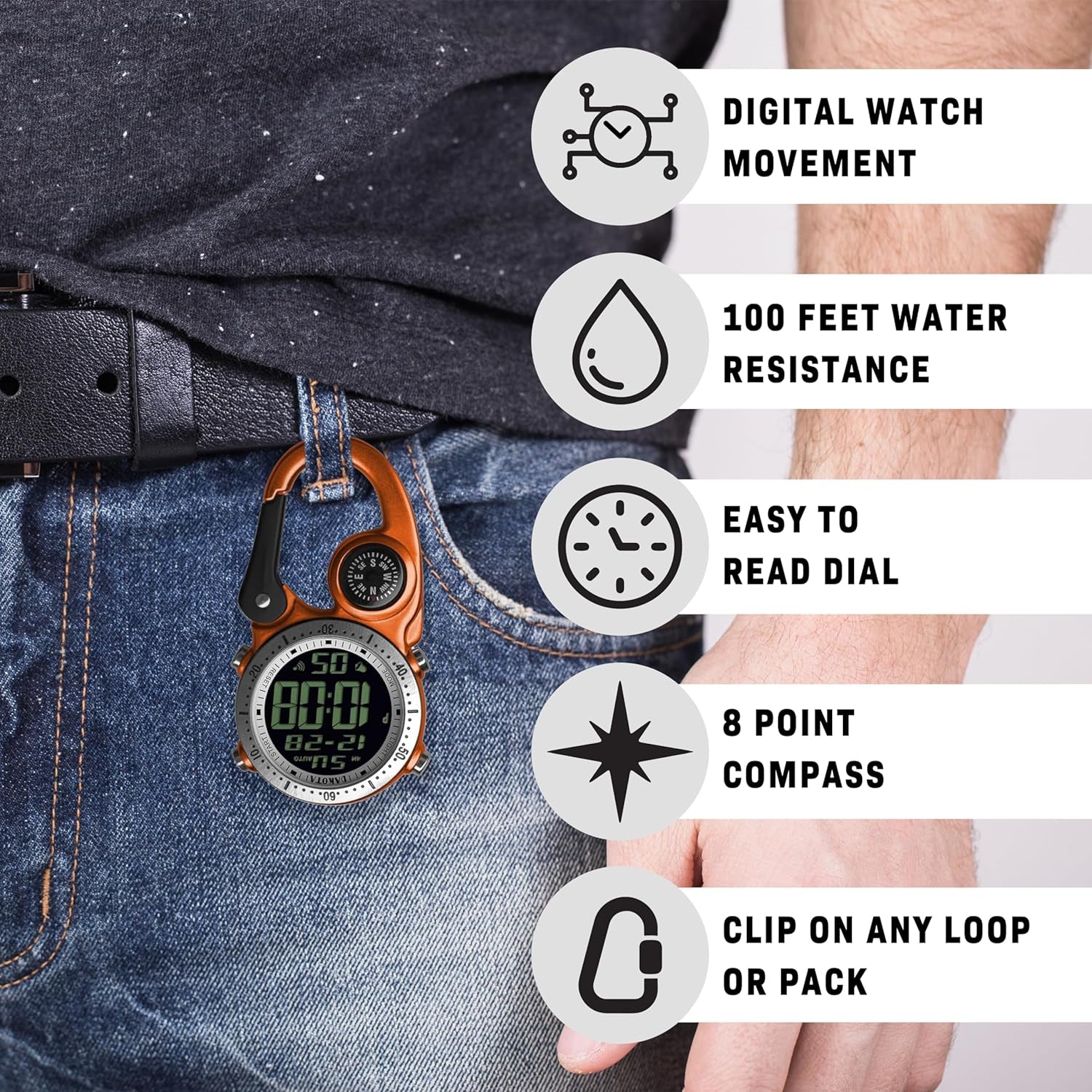 Digital Backpacker Clip Watch, Alarm, Stopwatch, Timer and Dual Time, Fob Watch, Outdoor Gifts for Men and Women, Tactical Digital Watch