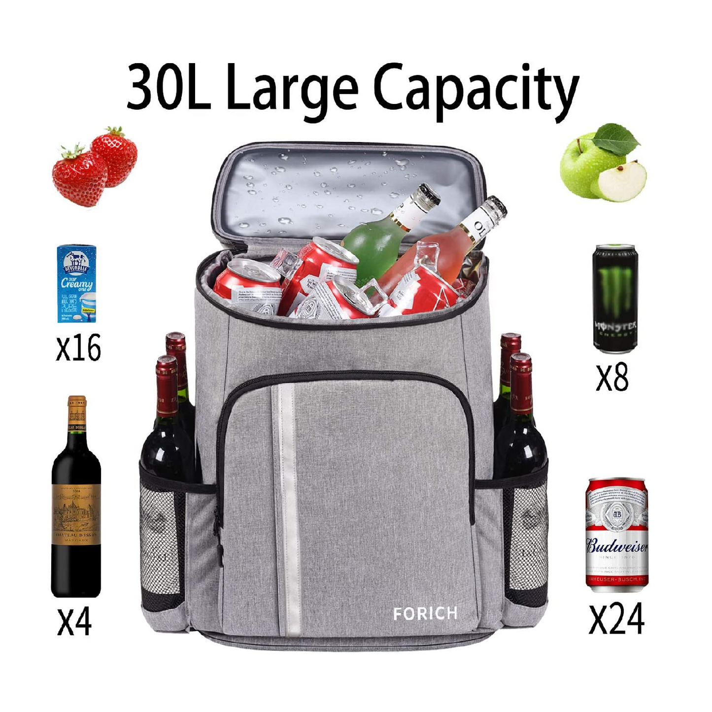 Forich Backpack Cooler Waterproof Gray 30 Cans