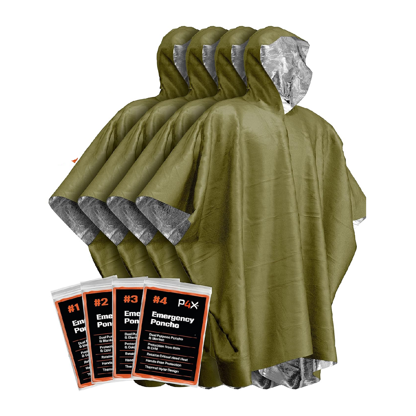 Emergency Poncho with Mylar Blanket Liner Green 4 Pack