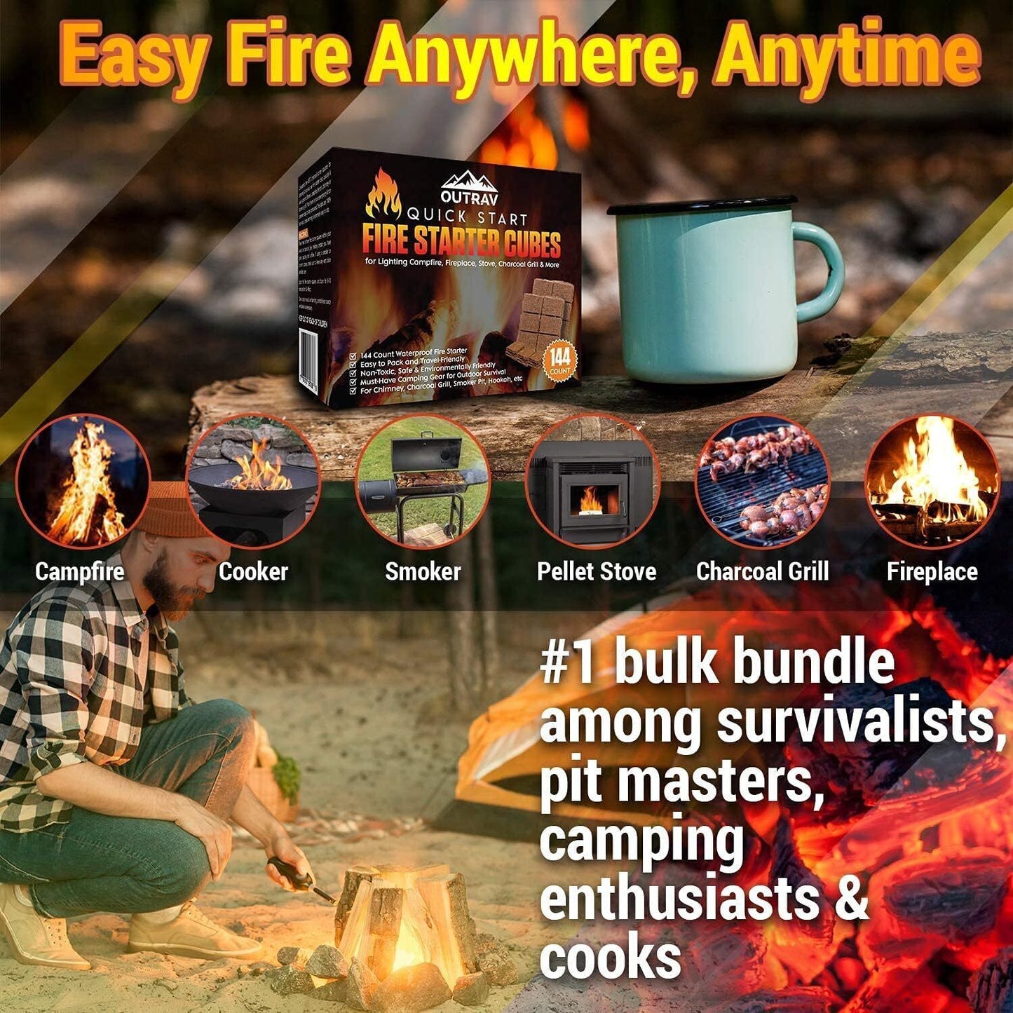 Outrav Fire Starter Cubes, 144Ct Charcoal Firestarter Squares for Lighting