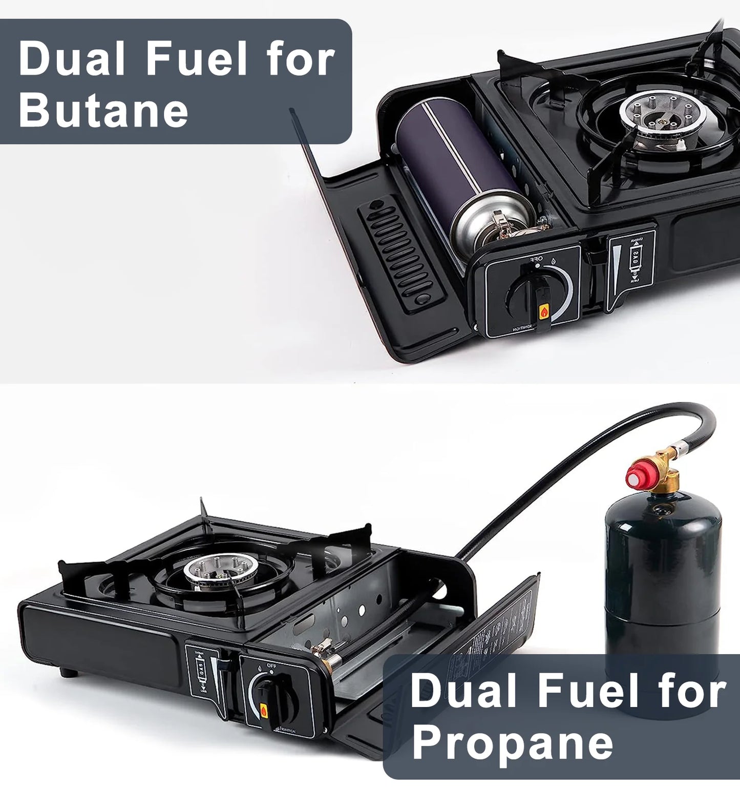 Portable Dual Fuel Gas Stove for Camping and Outdoor Cooking with Butane & Propane Compatibility, Propane Adapter Hose and Carrying Case Included, 7800 Btus Output