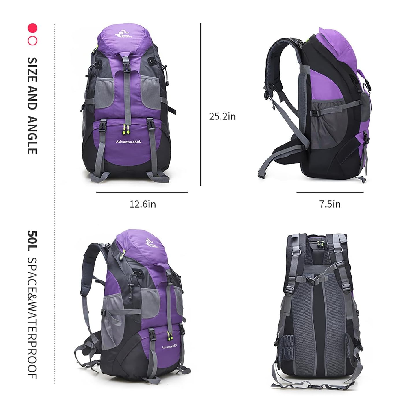 50L Hiking Water Resistant Backpack Purple