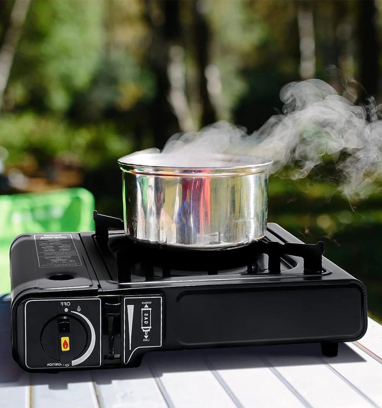 Portable Dual Fuel Gas Stove for Camping and Outdoor Cooking with Butane & Propane Compatibility, Propane Adapter Hose and Carrying Case Included, 7800 Btus Output