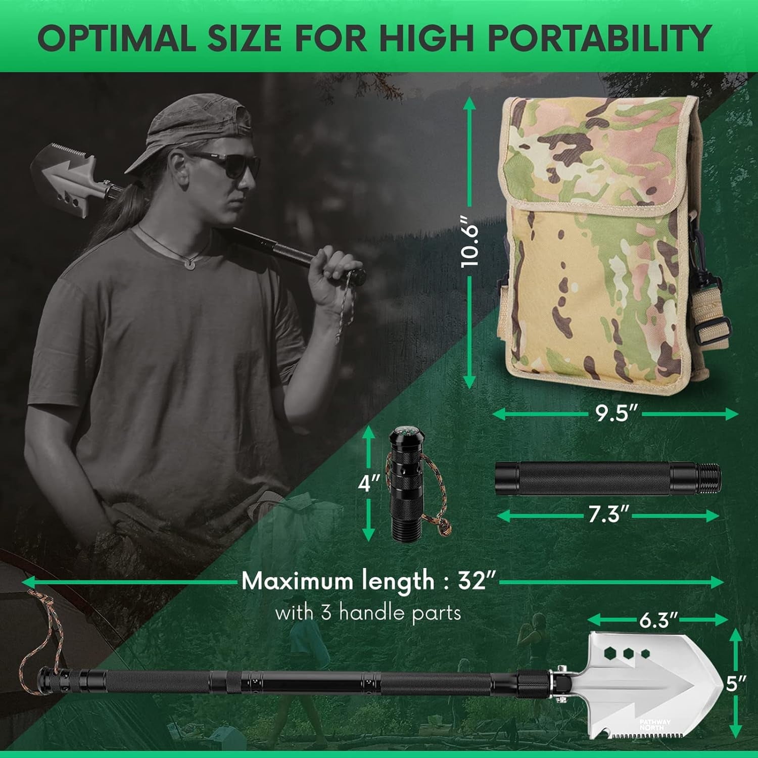 Survival Shovel Stainless Steel Folding Multi-Tool Survival Flashlight – Equipment for Outdoor Hiking Camping Gear, Hunting, Backpacking Emergency Kit