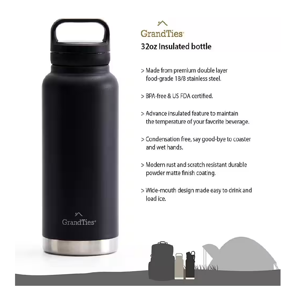 GrandTies Travel Water Bottle 32 Oz Black