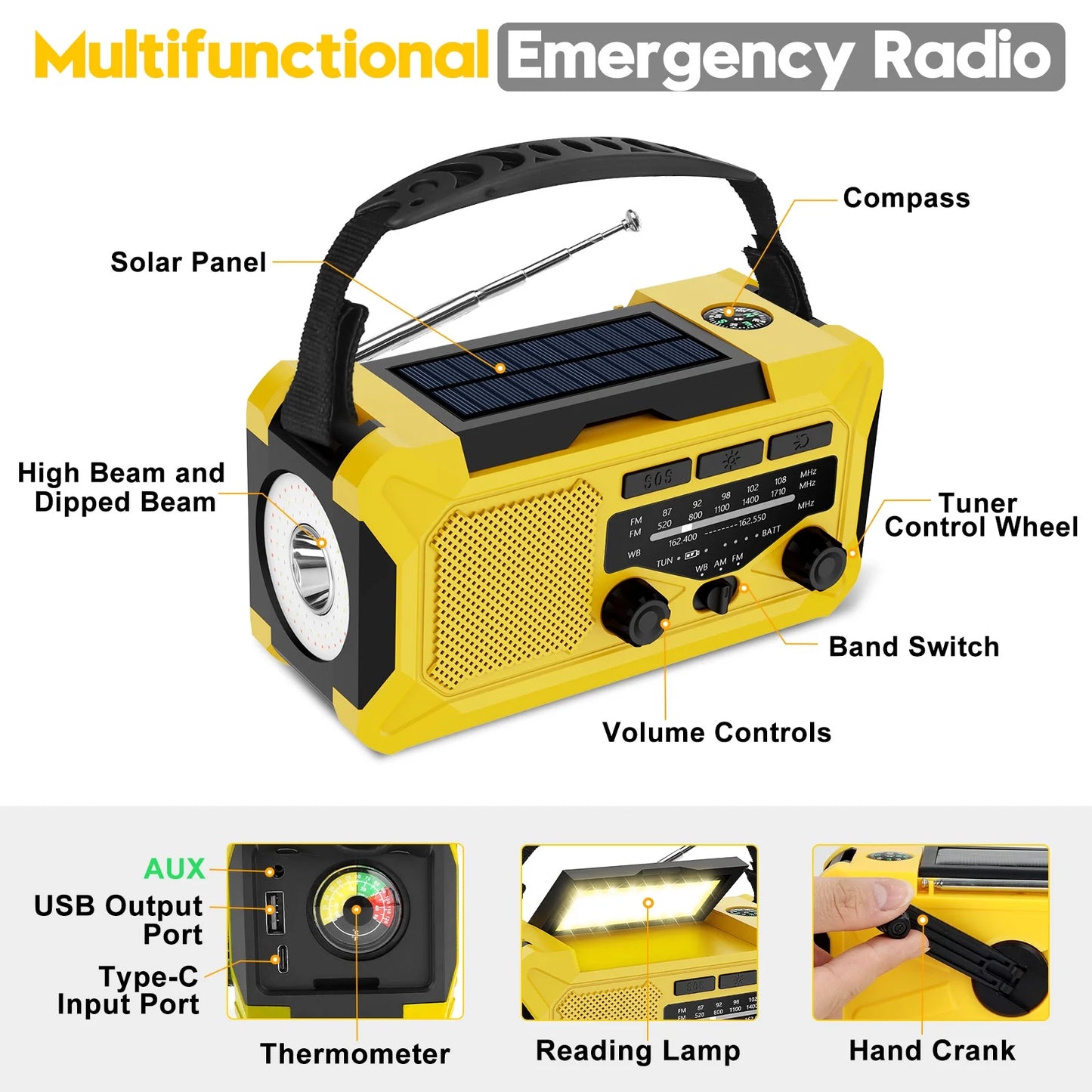 10000Mah Hand Crank Radio,Emergency Radio,Solar Radio,Noaa/Am/Fm Weather Radio,Usb Type-C Charging Radios Portable with LED Reading Light,Sos,Compass for Camping Hiking Travelling