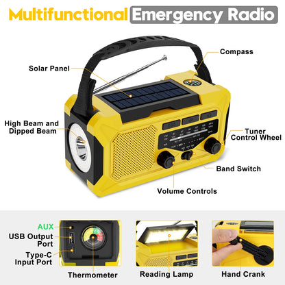 10000Mah Hand Crank Radio,Emergency Radio,Solar Radio,Noaa/Am/Fm Weather Radio,Usb Type-C Charging Radios Portable with LED Reading Light,Sos,Compass for Camping Hiking Travelling