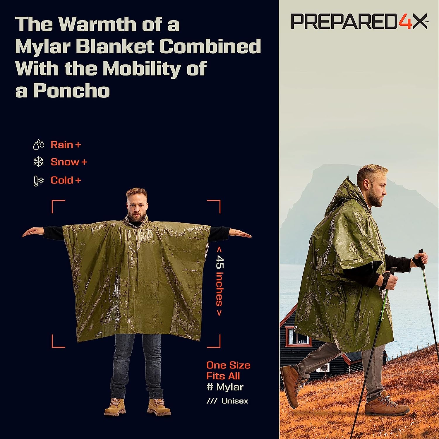 Emergency Poncho with Mylar Blanket Liner – Heavy Duty, Waterproof, Wind-Resistant Green Rain Poncho for Outdoors, Camping, and Car Emergency Kits - Thermal Poncho