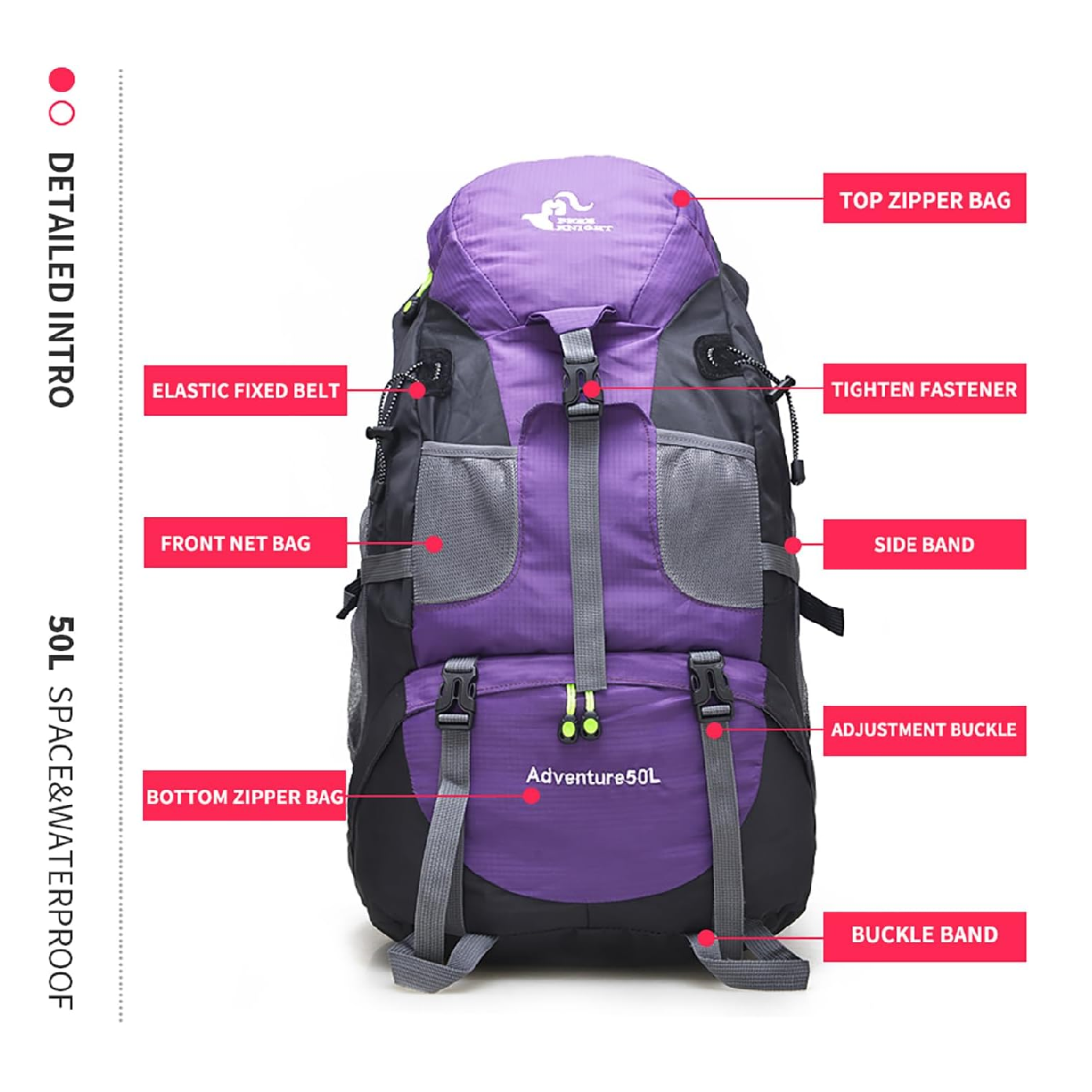 50L Hiking Water Resistant Backpack Purple