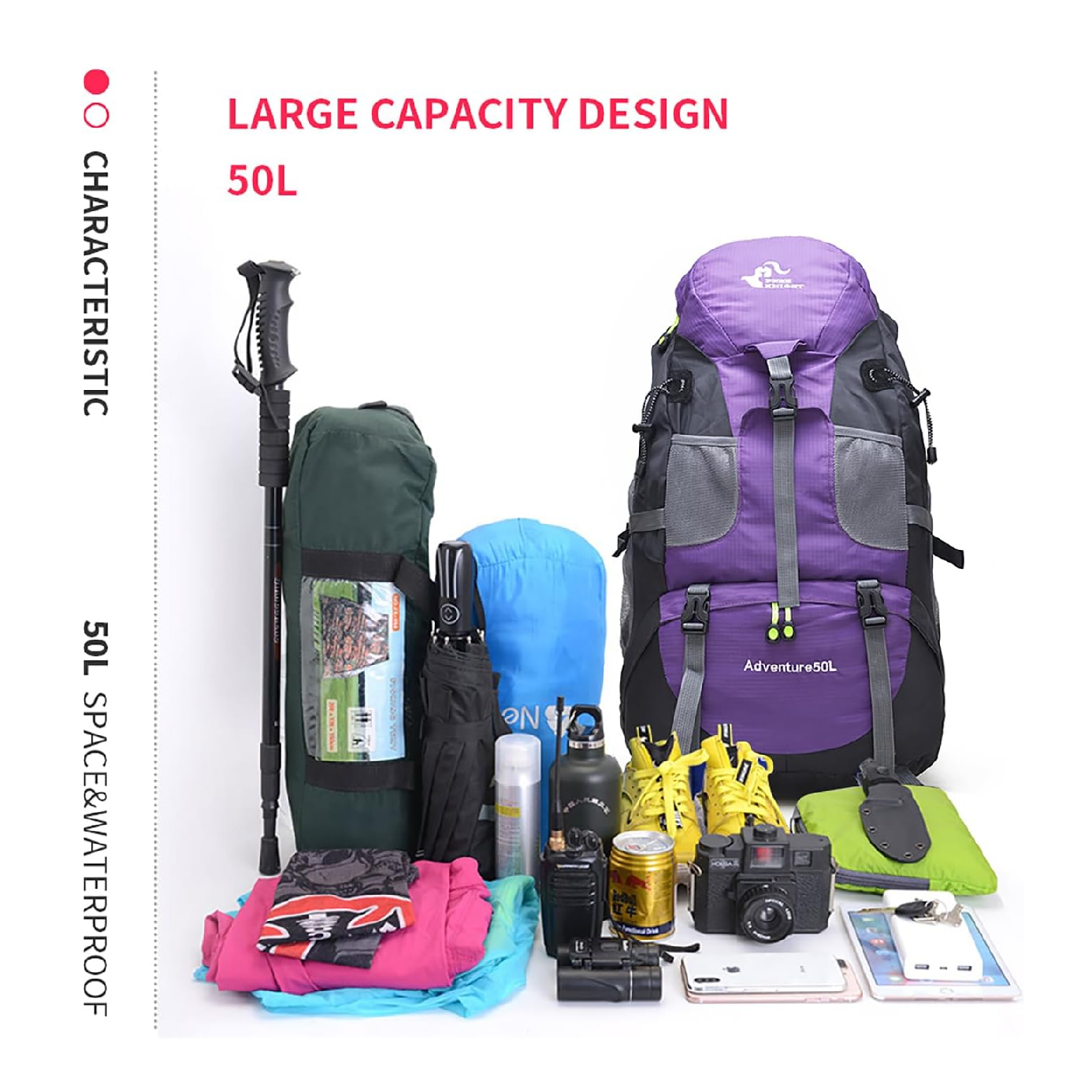 50L Hiking Water Resistant Backpack Purple