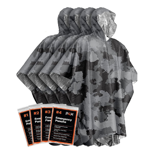 Emergency Poncho with Mylar Blanket Liner Gray Сamouflage 4 Pack