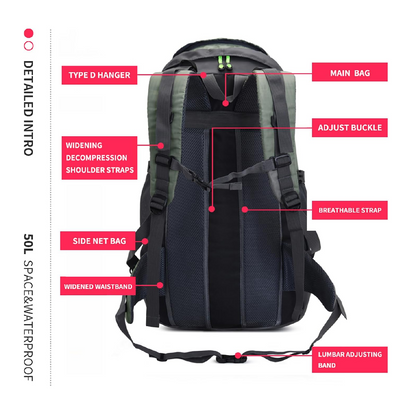 50L Hiking Water Resistant Backpack