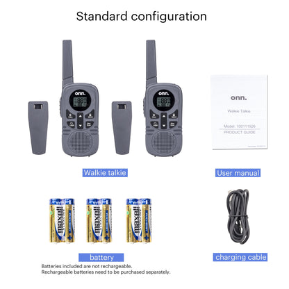 Onn 16 Miles Two-Way Walkie Talkie 2 Pack Gray