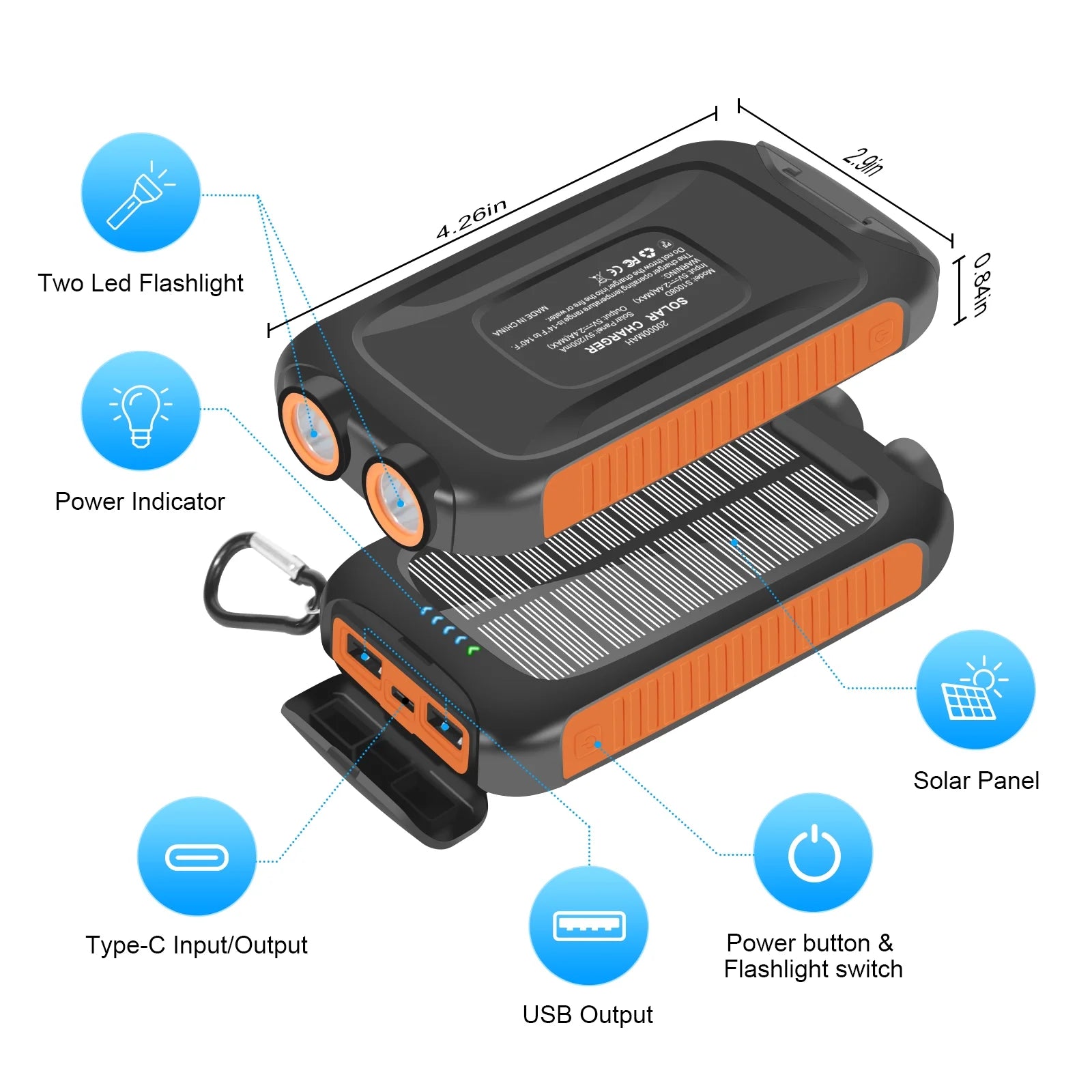 38800Mah Solar Charger for Cell Phone Iphone,  Portable Solar Power Bank with Dual 5V USB Ports, 2 Led Light Flashlight, Battery Pack for Outdoor Camping Hiking(Orange)