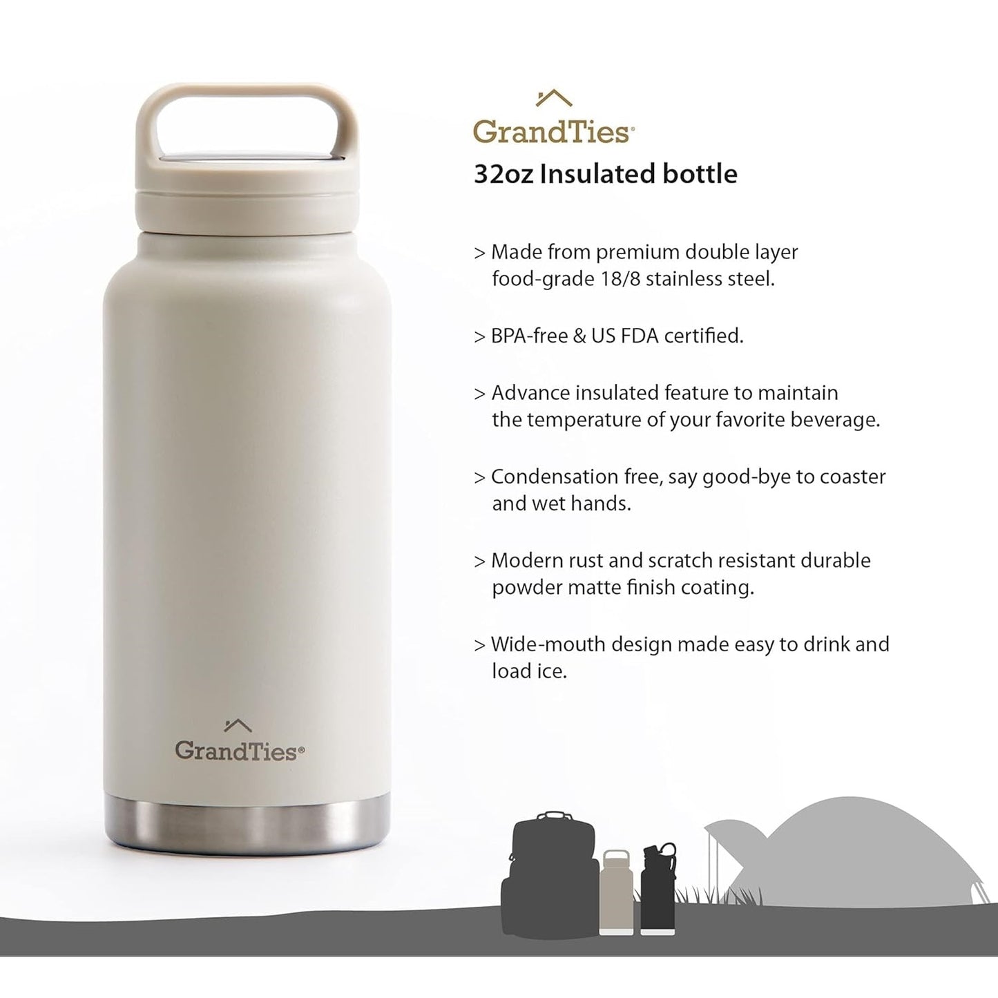 GrandTies Travel Water Bottle 32 Oz Ivory White