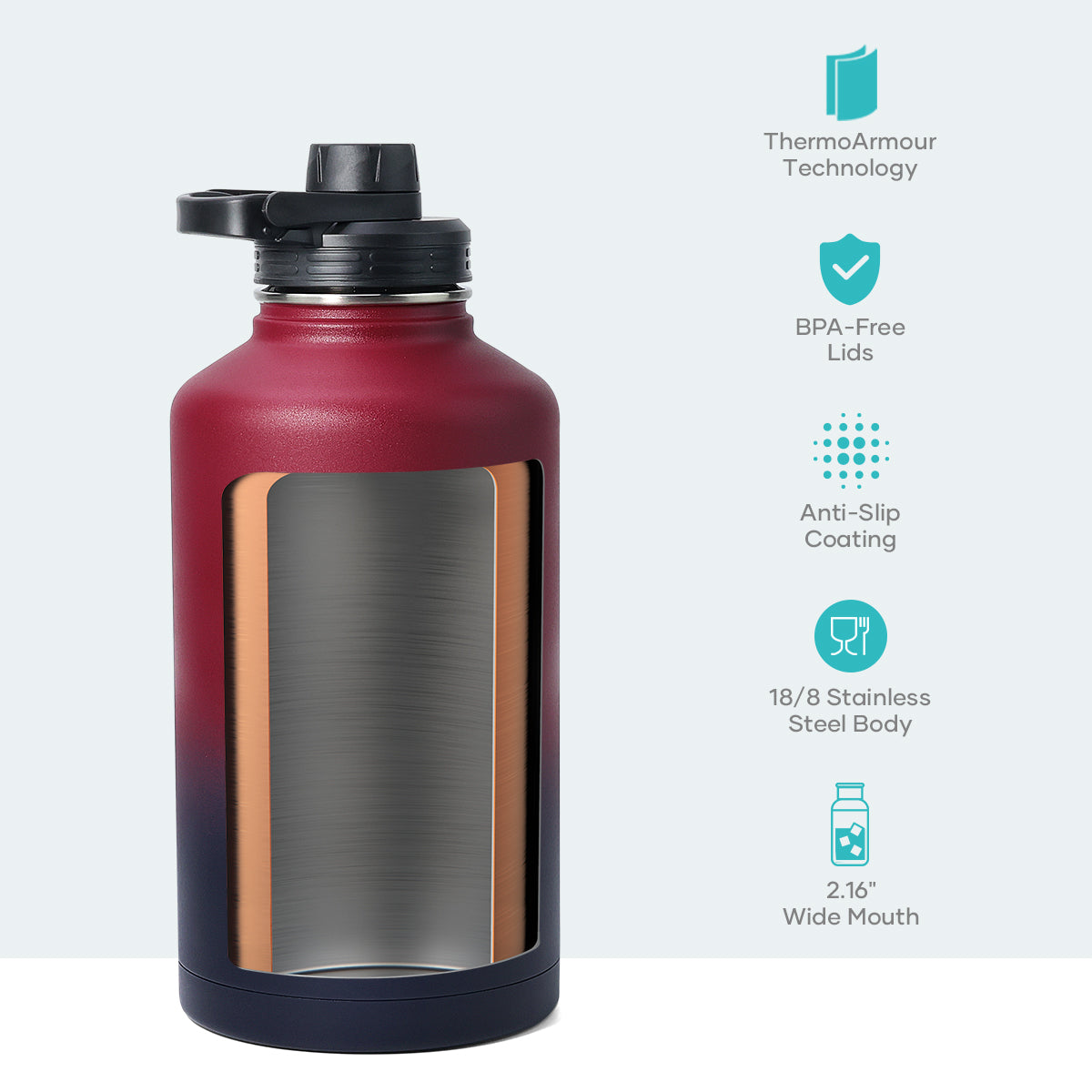 64 Oz Insulated Water Bottle with Straw & 3 Lids, Half Gallon Water Bottle Stainless Steel with Carrying Strap for Gym Sports Outdoor Hiking, Ruby Red Navy