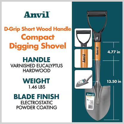 18 In. Wood D-Grip Short Handle Carbon Steel Compact Digging Shovel