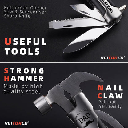 All in One Survival Tools Hammer Multitool with Engraved Wooden Box, Dad Gifts for Christmas, Cool Gifts for Dad Stepdad Who Wants Nothing, Stocking Stuffers for Dad, Personalized Gifts