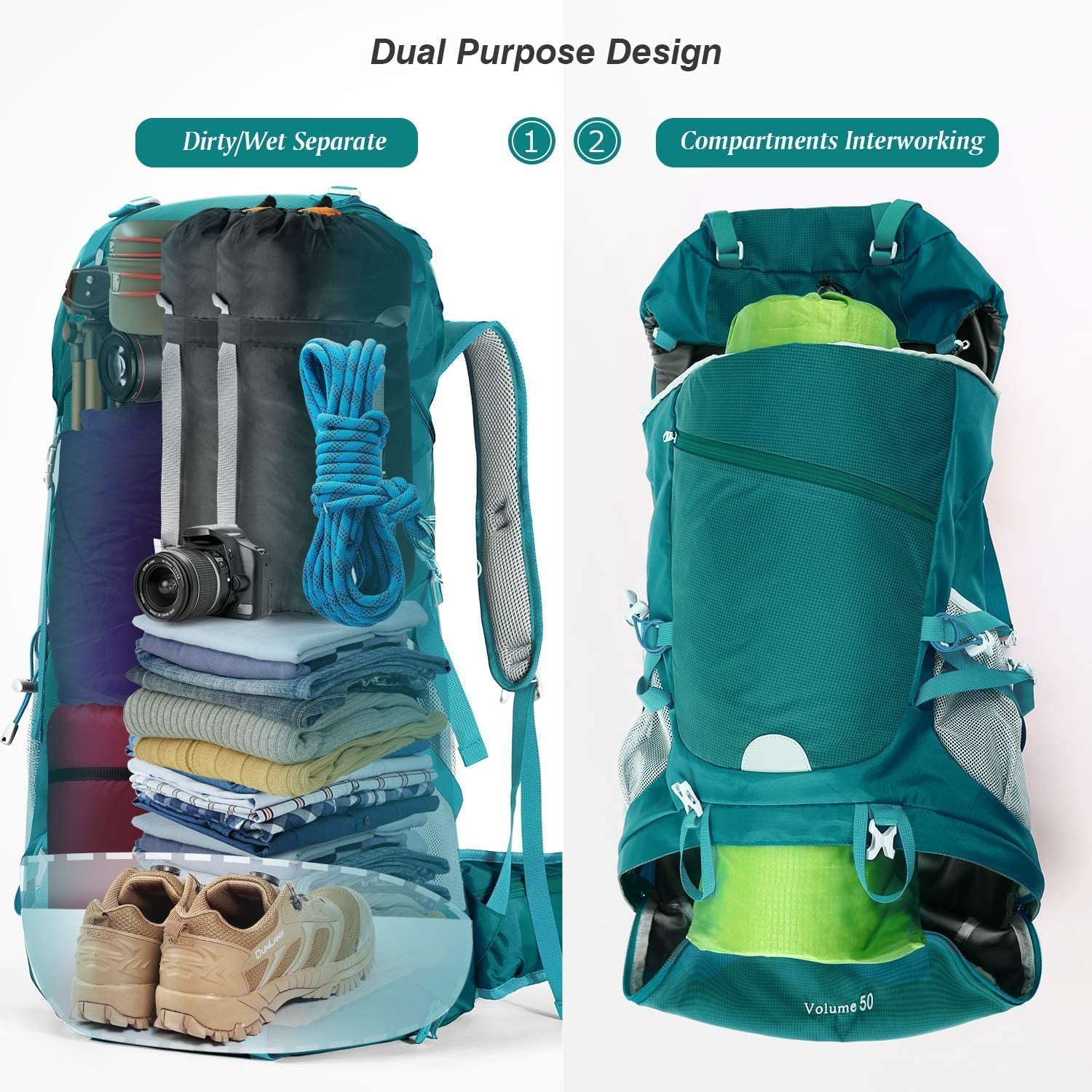 50L Hiking Backpack Waterproof Travel Bag with Rain Cover Lightweight Backpack for Outdoor Adventure, Camping, Hunting