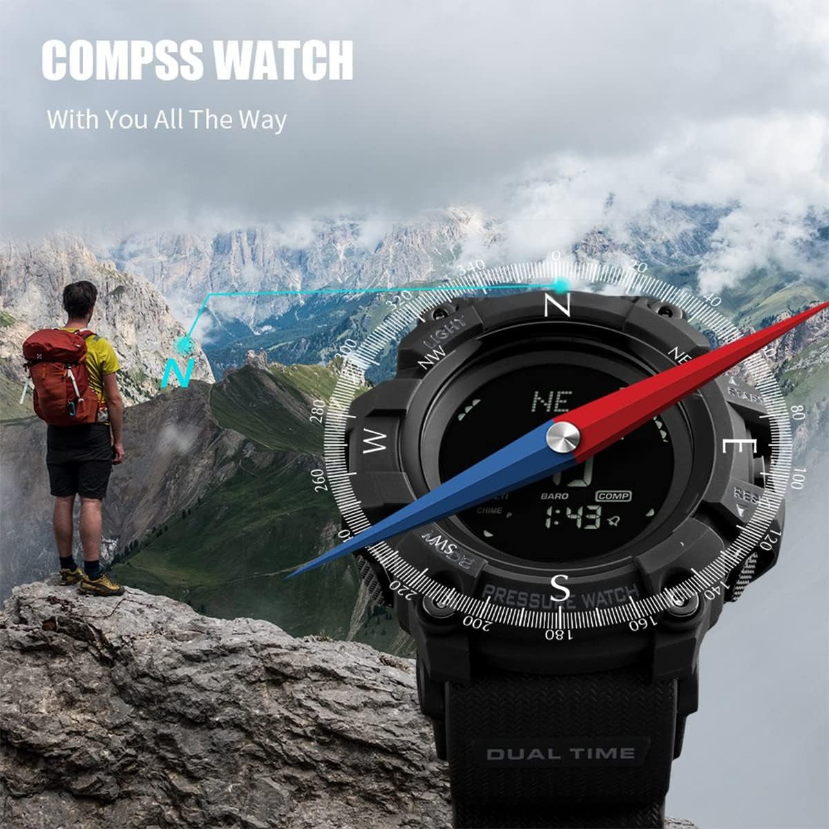 Watch Compass, Altimeter Barometer Thermometer Temperature, Pedometer Watch, Military Army Waterproof Outdoors Sport Digital Watch for Men