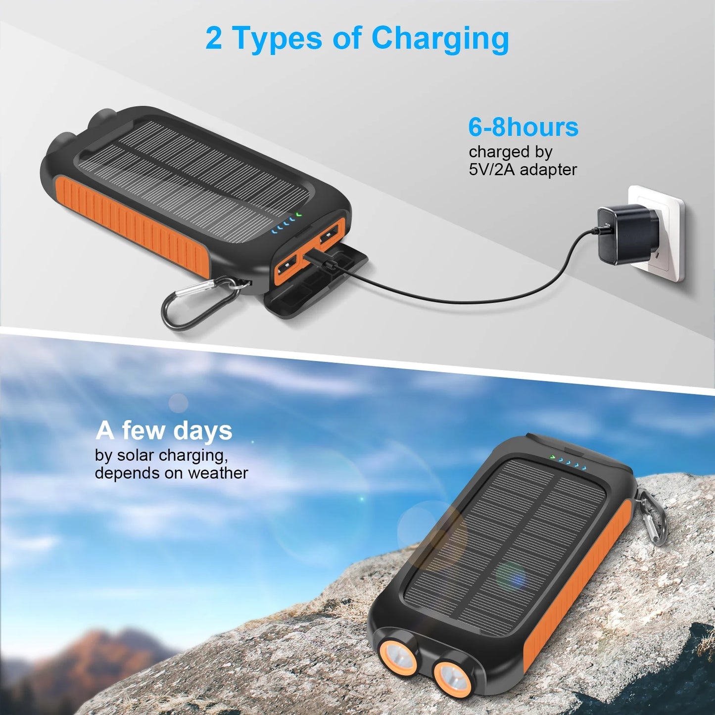 38800Mah Solar Charger for Cell Phone Iphone,  Portable Solar Power Bank with Dual 5V USB Ports, 2 Led Light Flashlight, Battery Pack for Outdoor Camping Hiking(Orange)