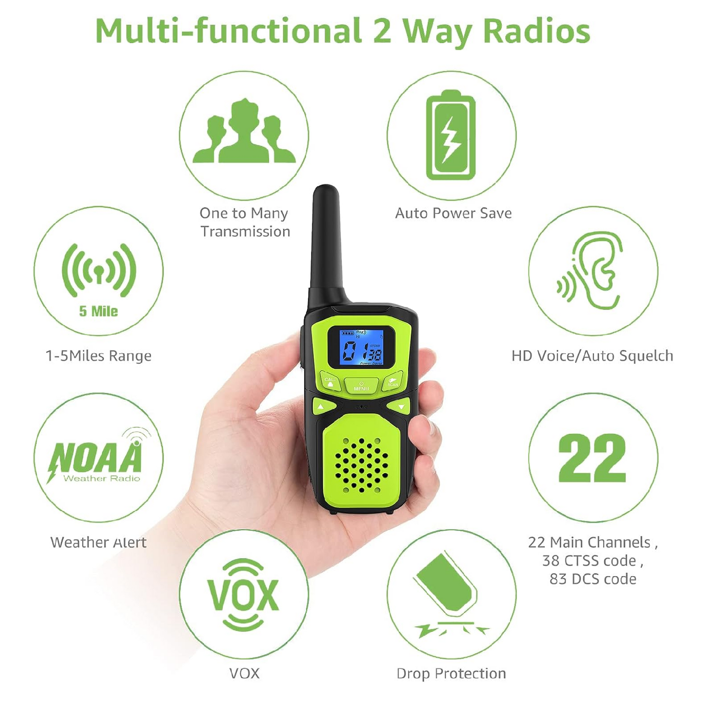 Portable Adult Two-Way Walkie Talkie 2 Pack Green