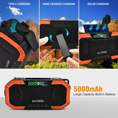 Emergency Weather Radio, 5000Mah Solar Hand Crank Radio, BLUETOOTH/AM/FM/TF/NOAA Weather Alert Portable Radio with 5 Ways Powered, Outdoor Camping Hiking Radio