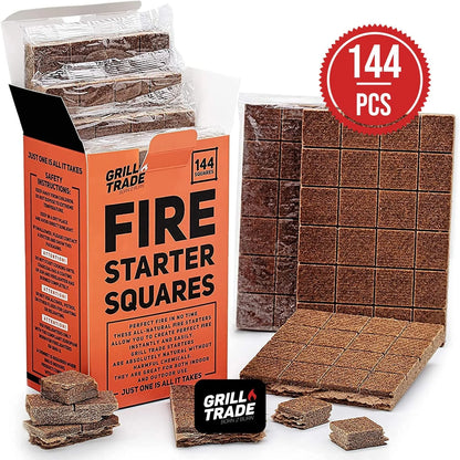 Fire Starter Squares 144 - Easy BBQ Grill, Camping, Wood Stove, Smoker Lighting