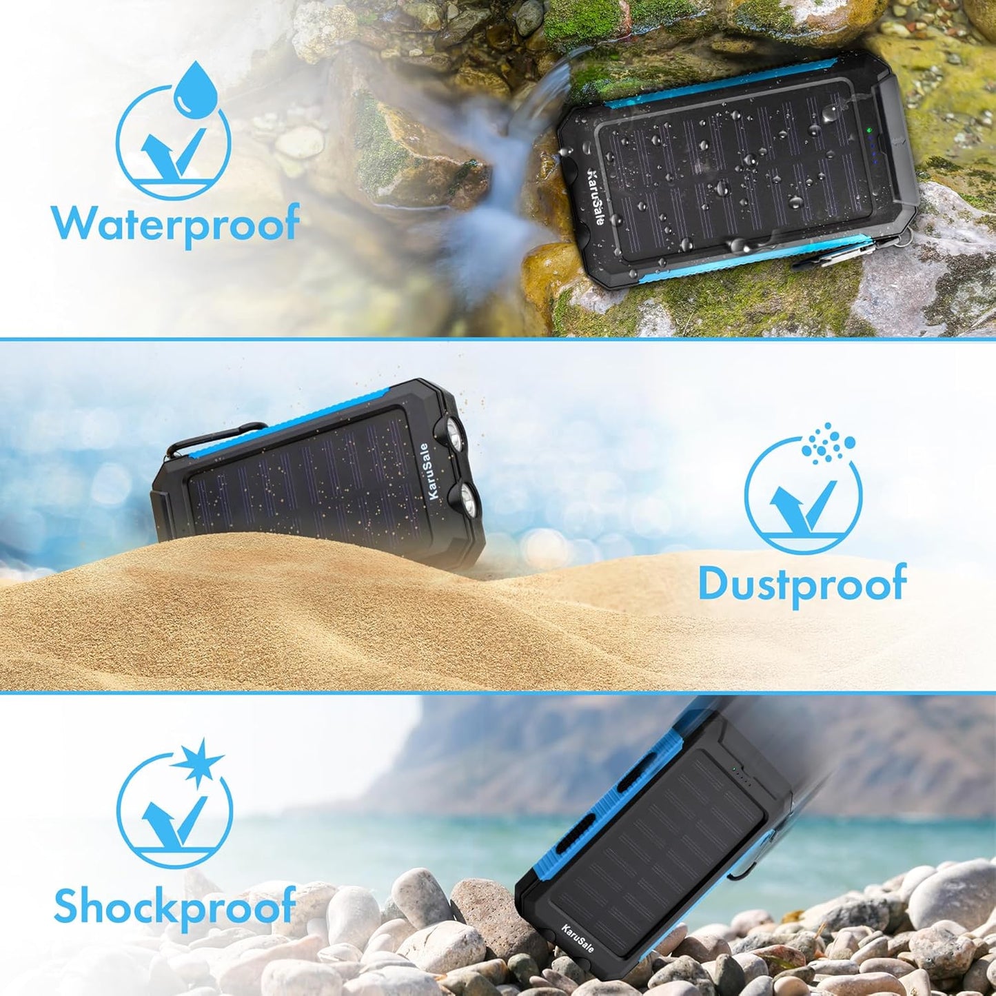 Solar Power Bank Portable Charger 50000Mah Battery Pack QC3.0 Fast Charging 20W 2 USB Waterproof Camping Travel External Backup Phone for Iphone, Samsung, Android Black & Blue