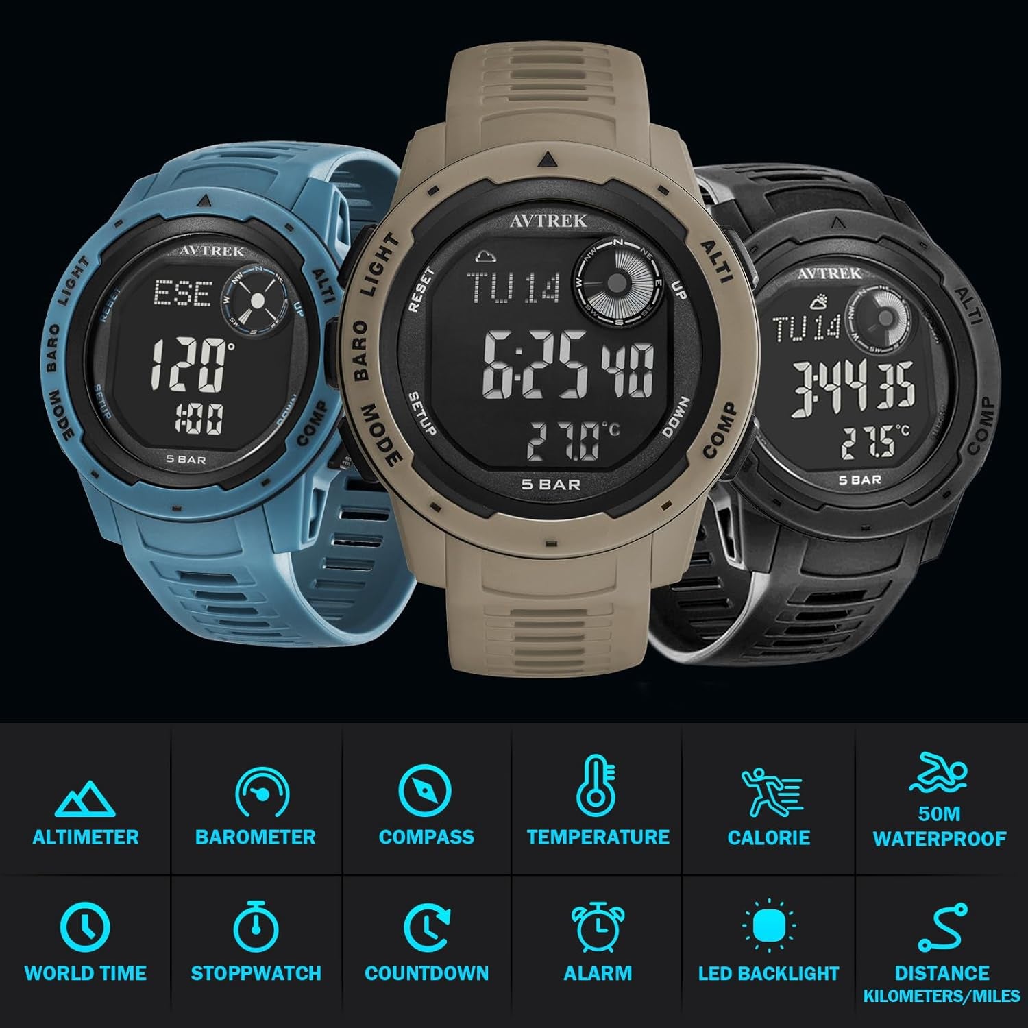 Tactical Watch with Compass,50M Waterproof Digital Pedometer Watch, Altimeter Watch for Outdoor Hiking/Climbing(Blue)