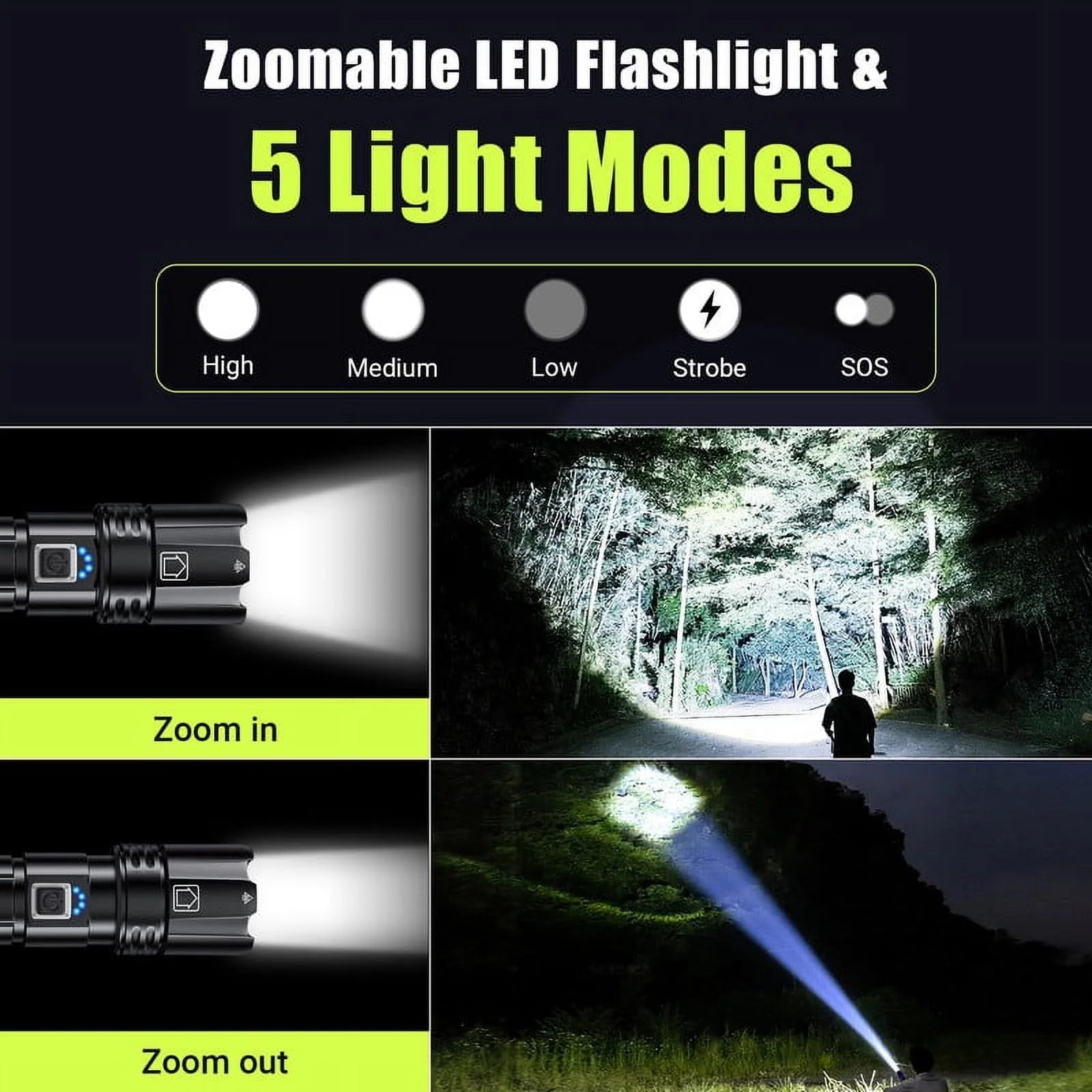 LED Flashlight, High Powered 10000 Lumens 5 Modes Zoomable Waterproof Rechargeable for Emergency Outdoor Home Camping Hiking 2Pcak