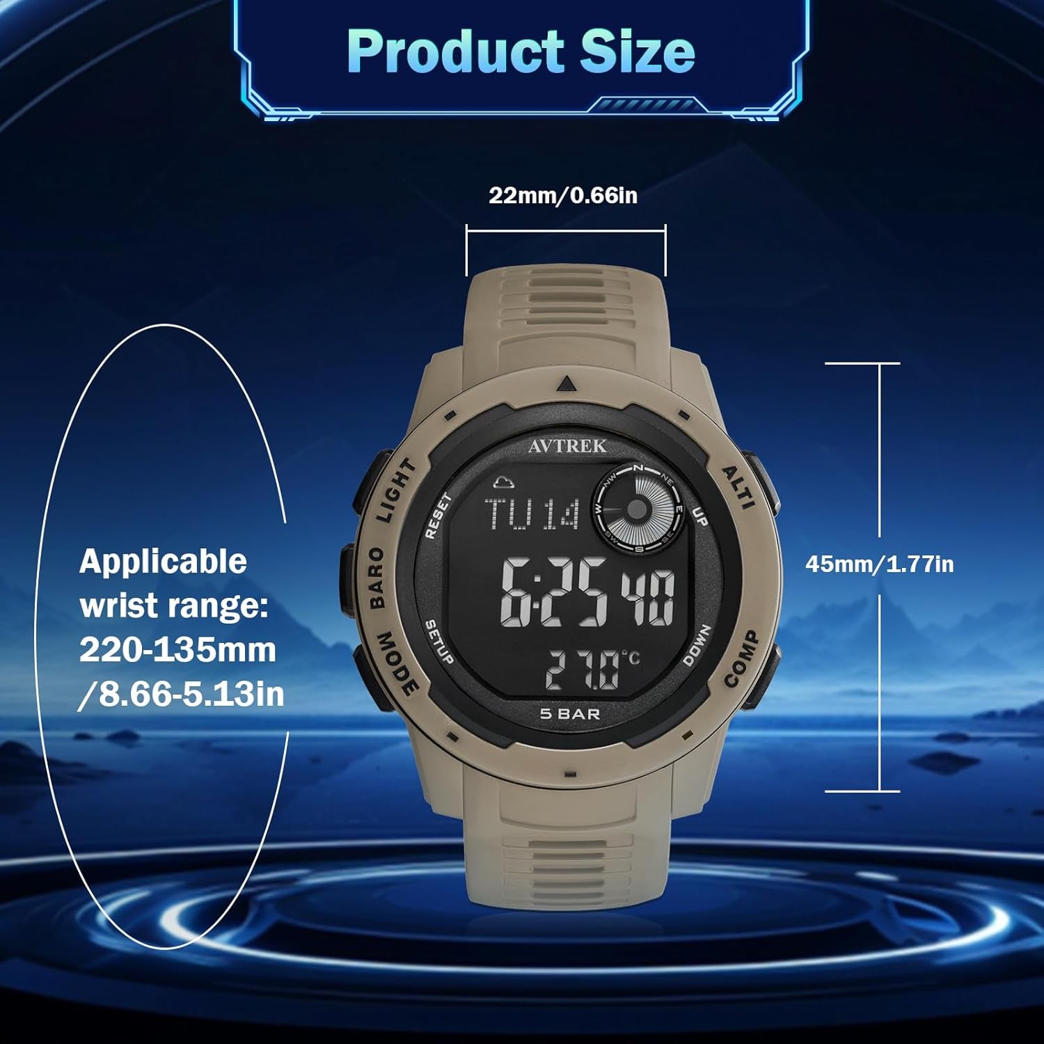 Tactical Watch with Compass,50M Waterproof Digital Pedometer Watch, Altimeter Watch for Outdoor Hiking/Climbing(Cafe)