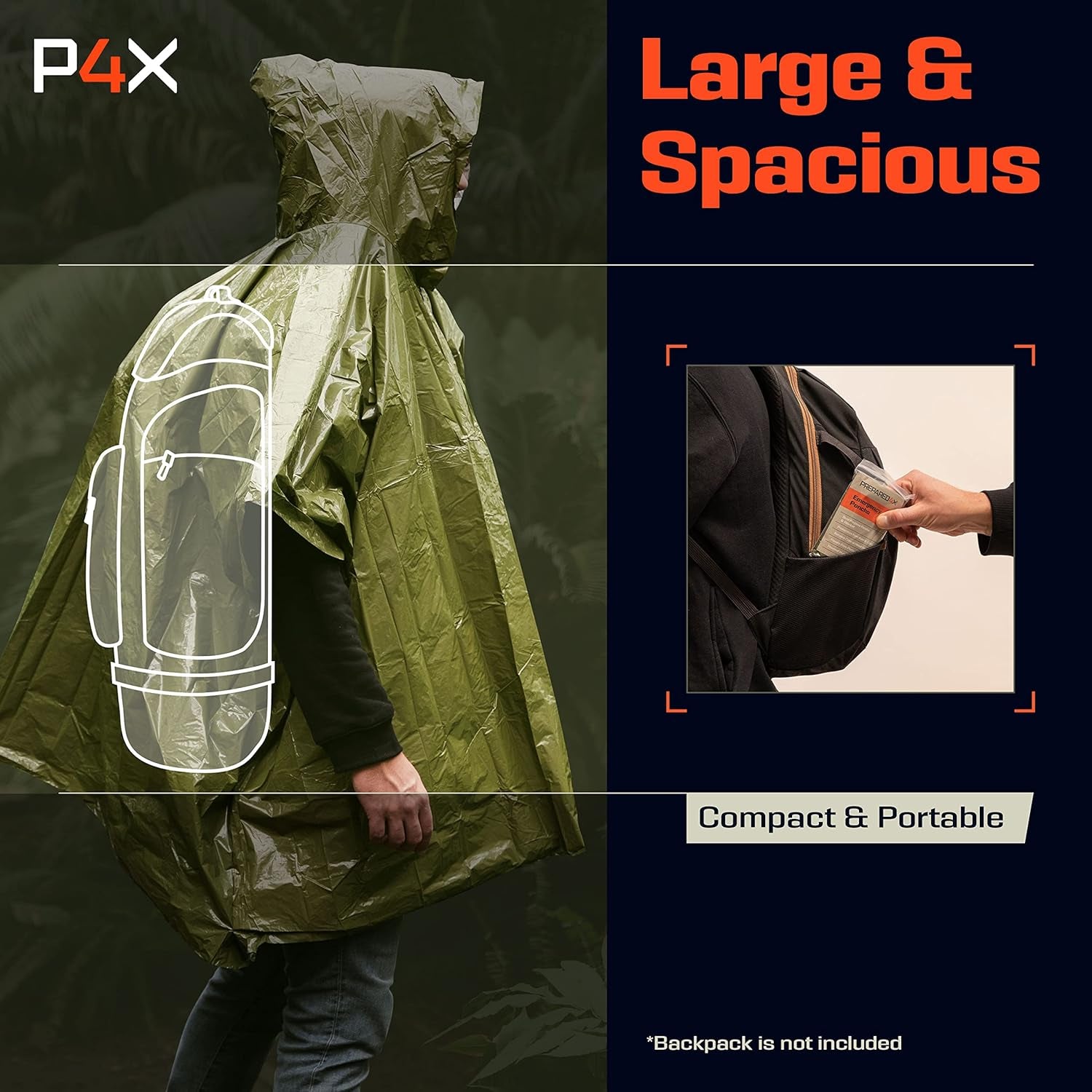 Emergency Poncho with Mylar Blanket Liner – Heavy Duty, Waterproof, Wind-Resistant Green Rain Poncho for Outdoors, Camping, and Car Emergency Kits - Thermal Poncho