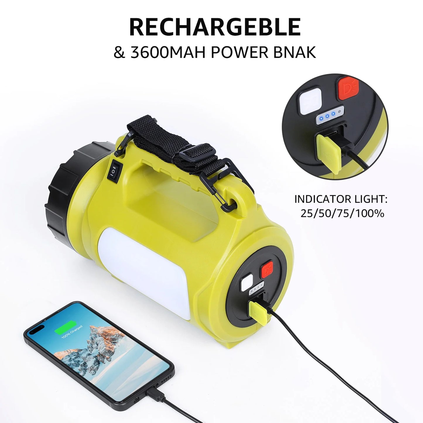 Rechargeable Camping Lantern Flashlight, 1000 Lumen 5 Modes Outdoor Searchlight with 3600Mah Power Bank, Portable Work Light for Hiking, Fishing, Power Cuts, Emergency and More